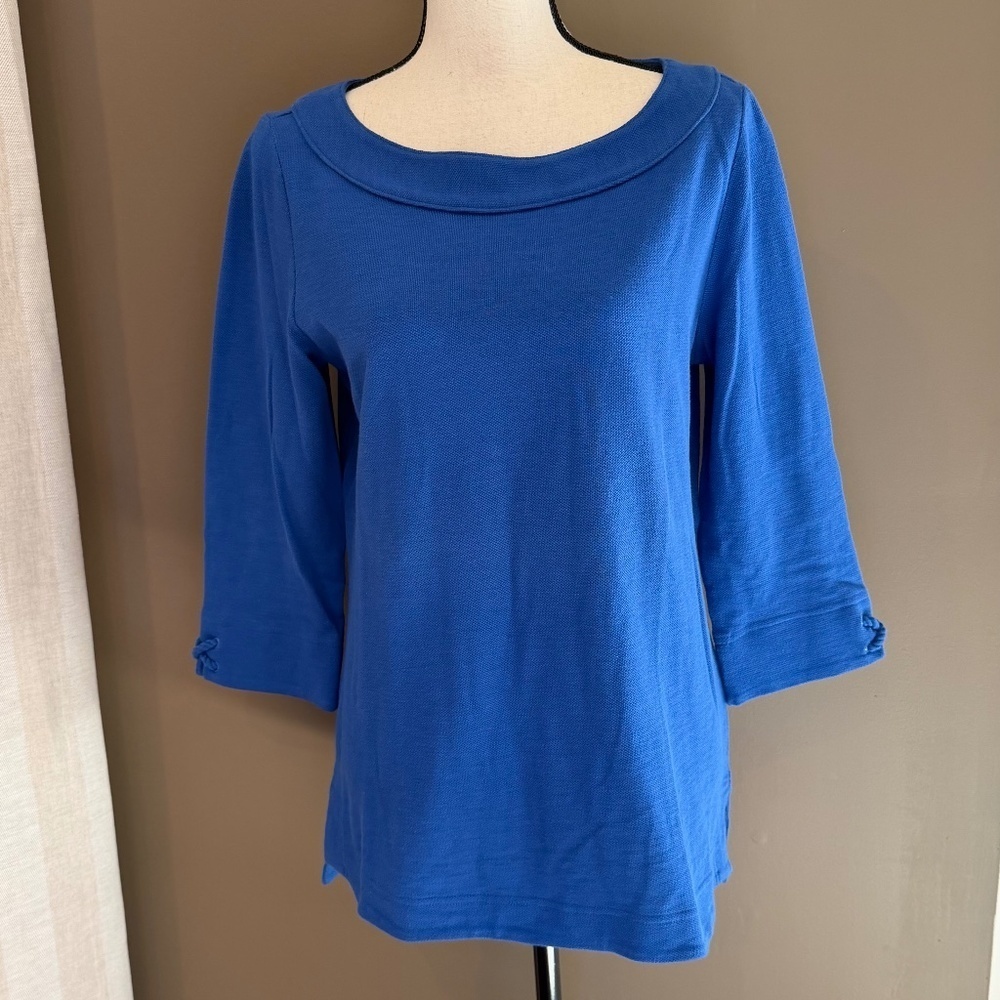 Talbots Women's Blue Cotton Tunic Top 3/4 Sleeve, Crewneck, Size Medium